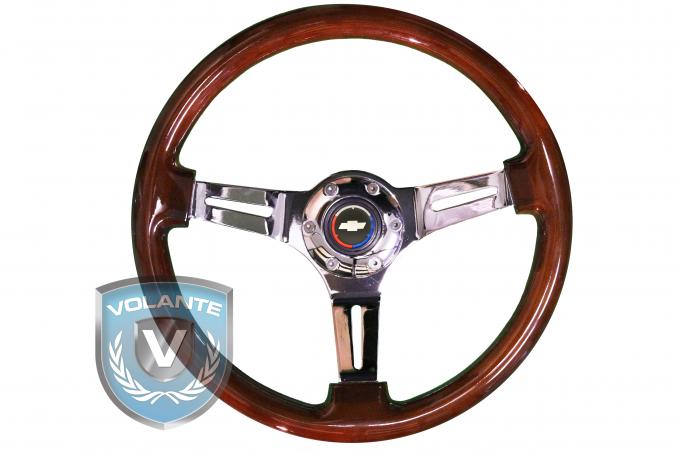 Chevy Tri Color Volante S6 Sport Steering Wheel Kit, with Slotted Chrome Spokes & Mahogany Grip