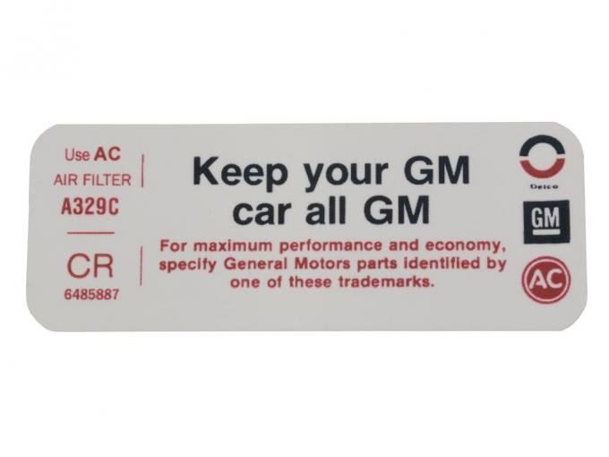 Chevelle Air Cleaner Decal, Keep Your GM All GM, 1972