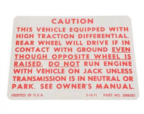 Chevelle Decal, Posetraction Warning, 1971-1972