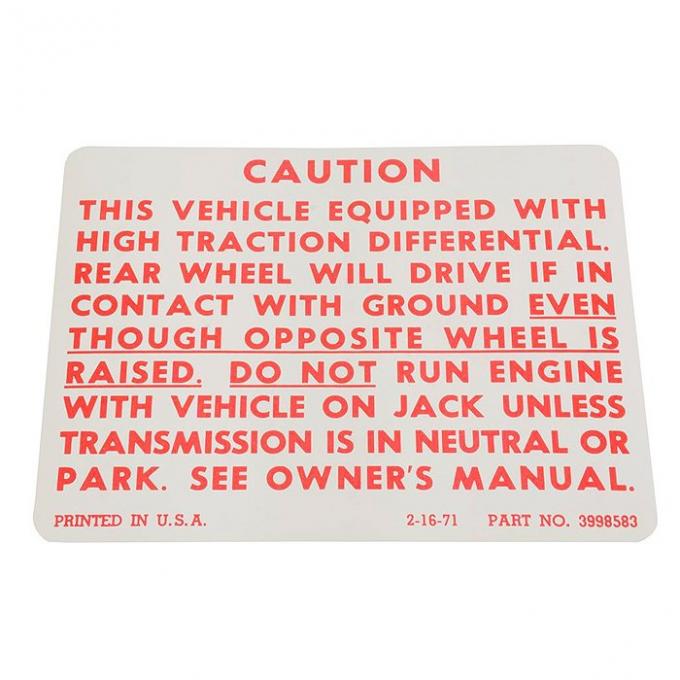 El Camino Interior Decal, Positraction Warning, 1971-1978