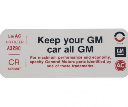 Chevelle Air Cleaner Decal, Keep Your GM All GM, 1972