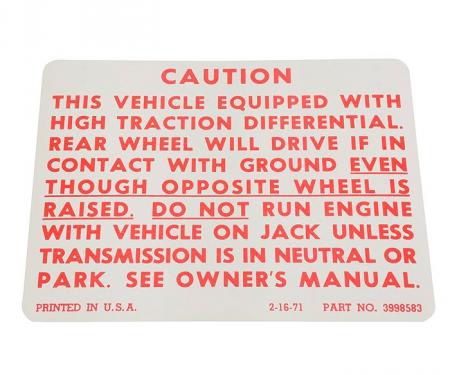 Chevelle Decal, Posetraction Warning, 1971-1972