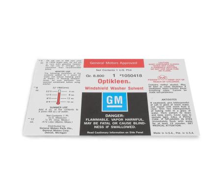 KNS Accessories 1959-1968 Chevrolet / Cadillac / Buick / Pontiac / Oldsmobile Windshield Washer Optikleen Glass Bottle Label KC9962