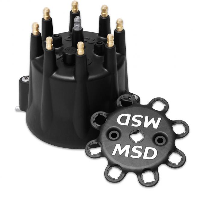 MSD Distributor Cap, V8, HEI Terminals, Black, Spark Plug Wire Retainer 84333
