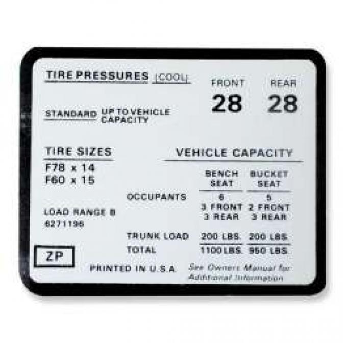 Chevelle Decal, Tire Pressure, Super Sport (SS), 1972