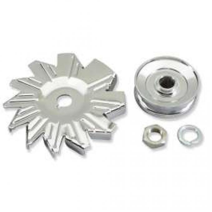 Chevelle Alternator Fan & Pulley Kit, Single Groove, Chrome, 1964-1972