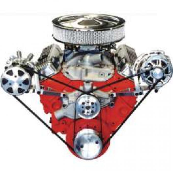 Chevelle Serpentine Pulley Kit, Small Block, With Polished Wide Brackets & Short Water Pump, For Cars With Air Conditioning & Without Power Steering, 1964-1972