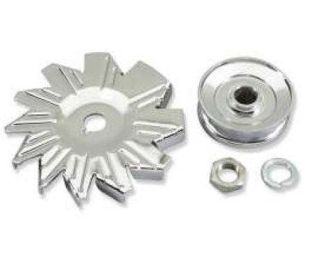 Chevelle Alternator Fan & Pulley Kit, Single Groove, Chrome, 1964-1972