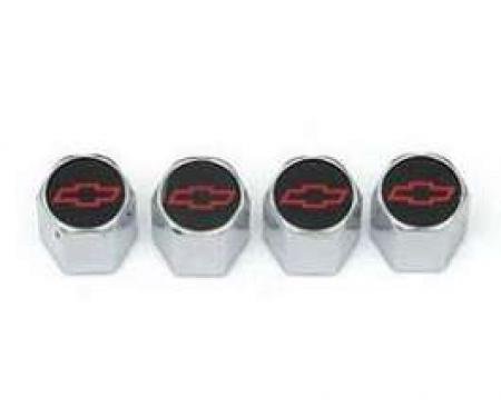 Chevelle Valve Stem Caps, Non-Locking, With Red Bowtie Logos, Chrome, 1964-1972