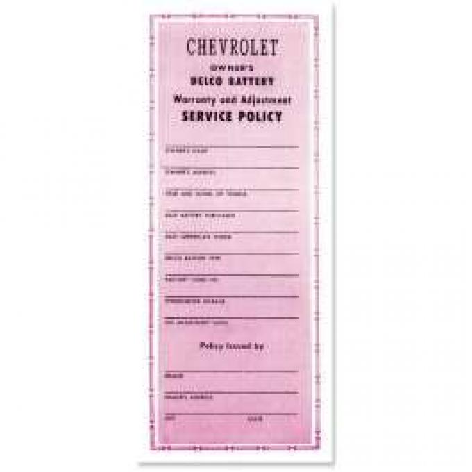 Chevelle Literature, Bat Warranty Certificate, 1964-1965