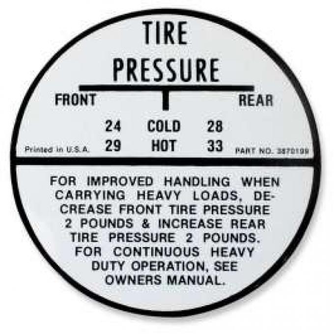 Chevelle Tire Pressure Decal, El Camino, 1964-1965