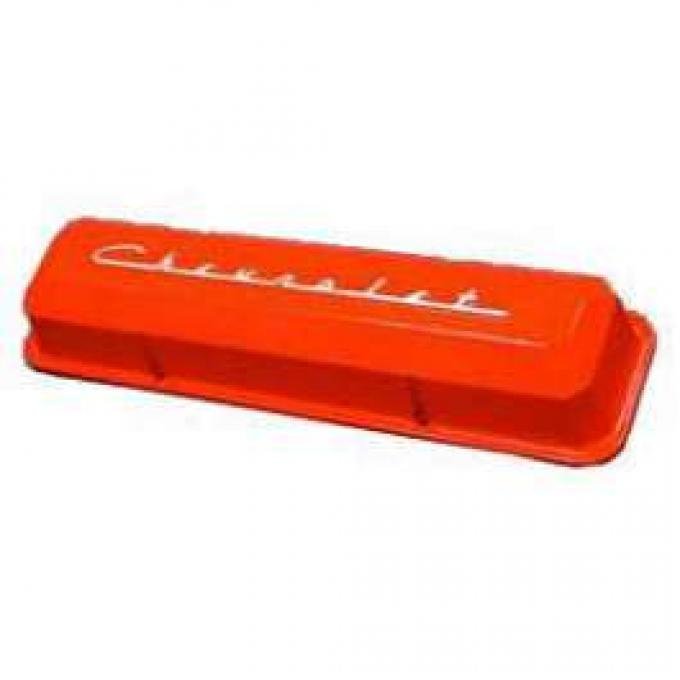 Chevelle Aluminum Valve Covers, Small Block, Orange Powder Coated, With Chevrolet Script, 1964-1983