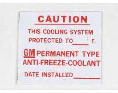 Chevelle Decal, GM Dealer Install Anti-Freeze, 1964-1972