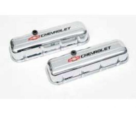 Valve Covers, Big Block, Tall Design, Chrome, With Baffle, Chevrolet Script & Bowtie Logo, 1965-1977