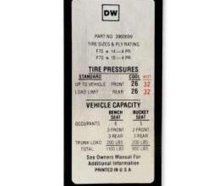 Chevelle Decal, Tire Pressure, Super Sport (SS), 1969-1970