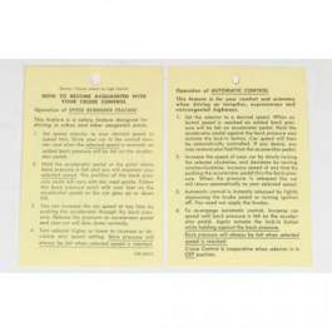 Chevelle Literature, Cruise Control Instruction Tag, 1965-1969