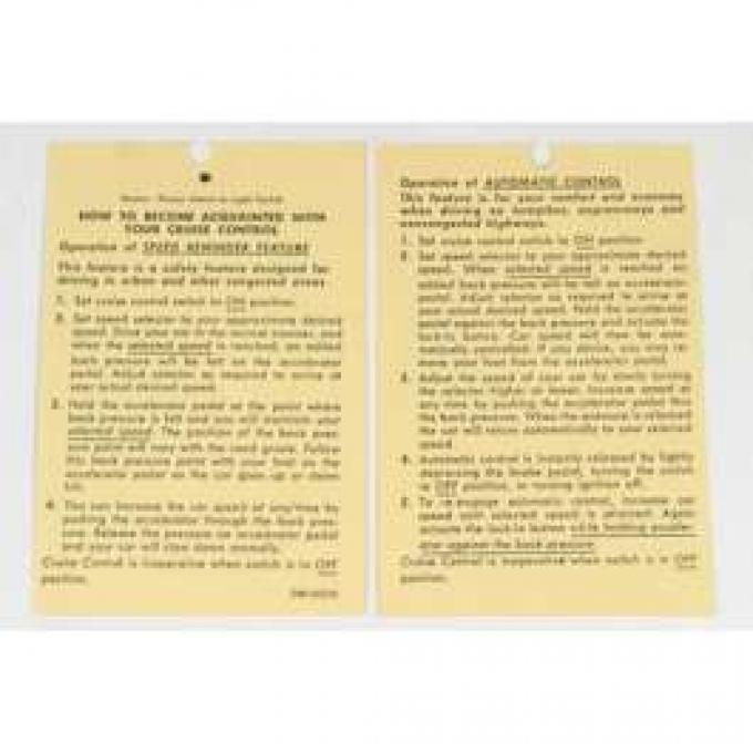 Chevelle Literature, Cruise Control Instruction Tag, 1970-1974