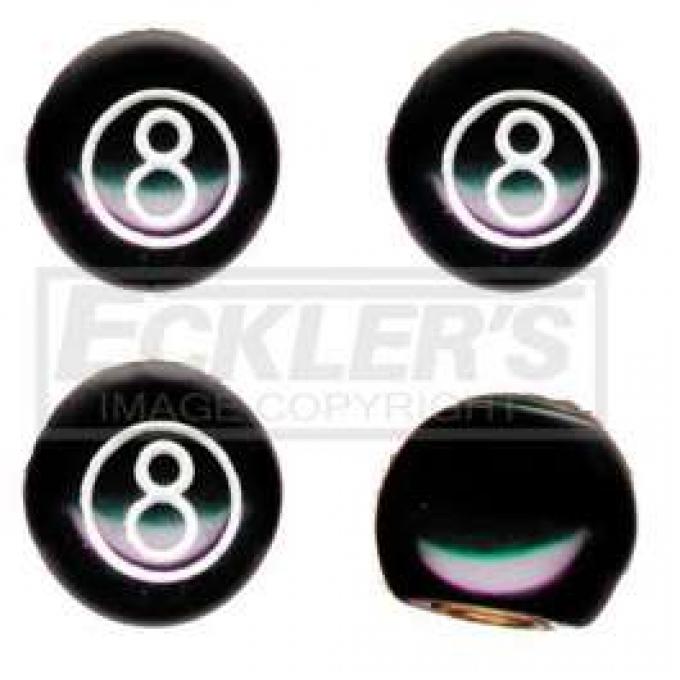 Chevelle Valve Stem Caps, 8 Ball, Black, 1964-1983