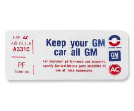 Chevelle Air Cleaner Decal, Keep Your GM All GM, PF, 1970