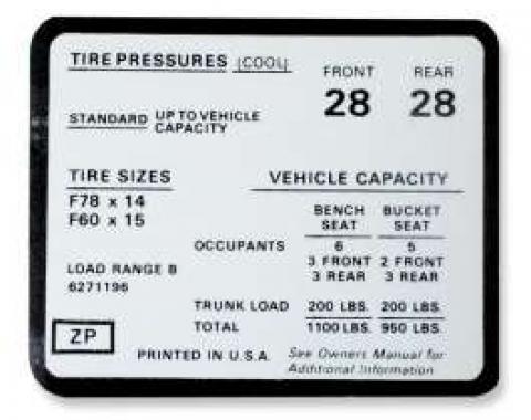 Chevelle Decal, Tire Pressure, Super Sport (SS), 1972