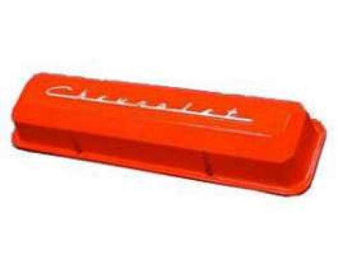 Chevelle Aluminum Valve Covers, Small Block, Orange Powder Coated, With Chevrolet Script, 1964-1983