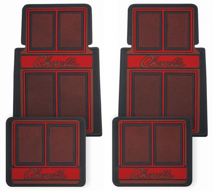 RestoParts Floor Mats, rubber Plasticolor "Chevelle" stamped logo, Red CFM0304RD