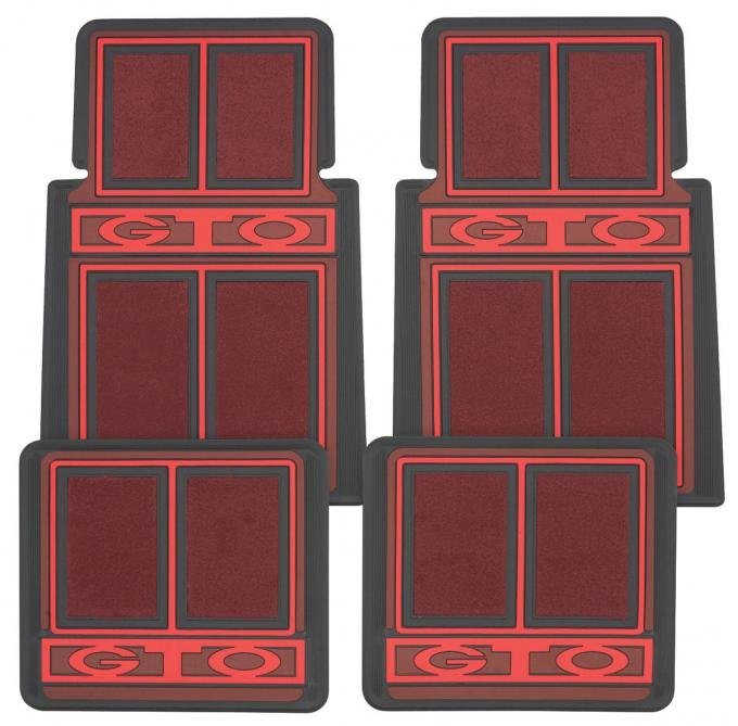 RestoParts Floor Mats, rubber Plasticolor "GTO" stamped logo, Red w/Carpet CFP0313RD