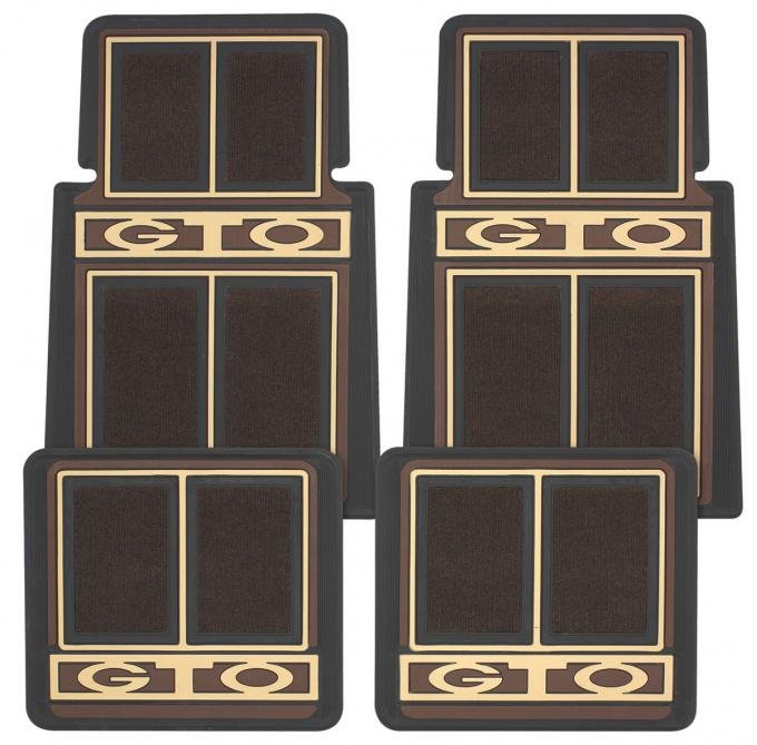 RestoParts Floor Mats, rubber Plasticolor "GTO" stamped logo, Saddle w/Carpet CFP0313SD