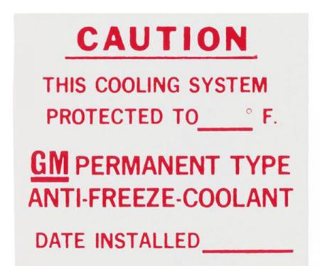 Chevelle Decal, GM Dealer Install Anti-Freeze, 1964-1972