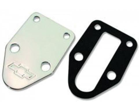 Chevelle Fuel Pump Mounting Hole Block-Off Plate, Small Block, Bowtie Logo, Chrome, With Gasket, 1964-1972