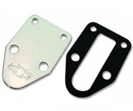 Chevelle Fuel Pump Mounting Hole Block-Off Plate, Small Block, Bowtie Logo, Chrome, With Gasket, 1964-1972