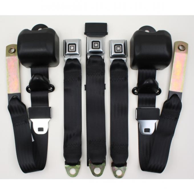 SeatBelt Solutions 1982-1983 Malibu Front Bench Seat Retractable 3 Point "Direct Fit" Lap Belt Push Button Metal Buckle