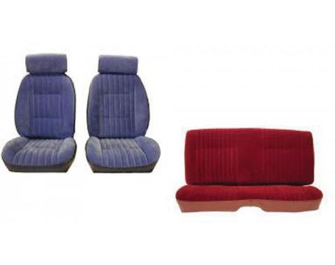 Malibu Front European Reclining Buckets With Headrest and Rear Bench Seat Set In Madrid Grain Vinyl And Encore Solid Velour Inserts, 1982