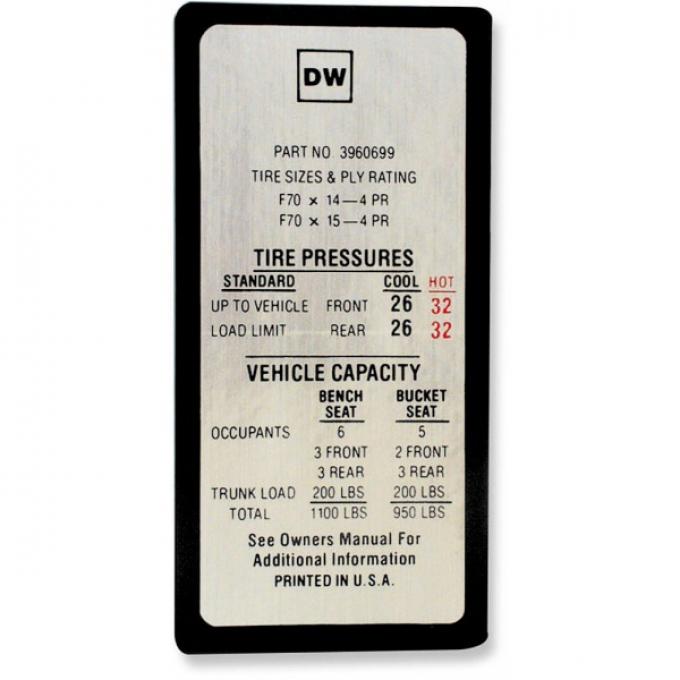 Chevelle Decal, Tire Pressure, Super Sport (SS), 1969-1970
