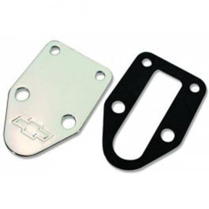 Chevelle Fuel Pump Mounting Hole Block-Off Plate, Small Block, Bowtie Logo, Chrome, With Gasket, 1964-1972