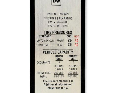 Chevelle Decal, Tire Pressure, Super Sport (SS), 1969-1970
