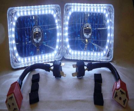 El Camino Headlight 6" Rectangle White Diamond With Single-Color LED Halo, 1982-1987