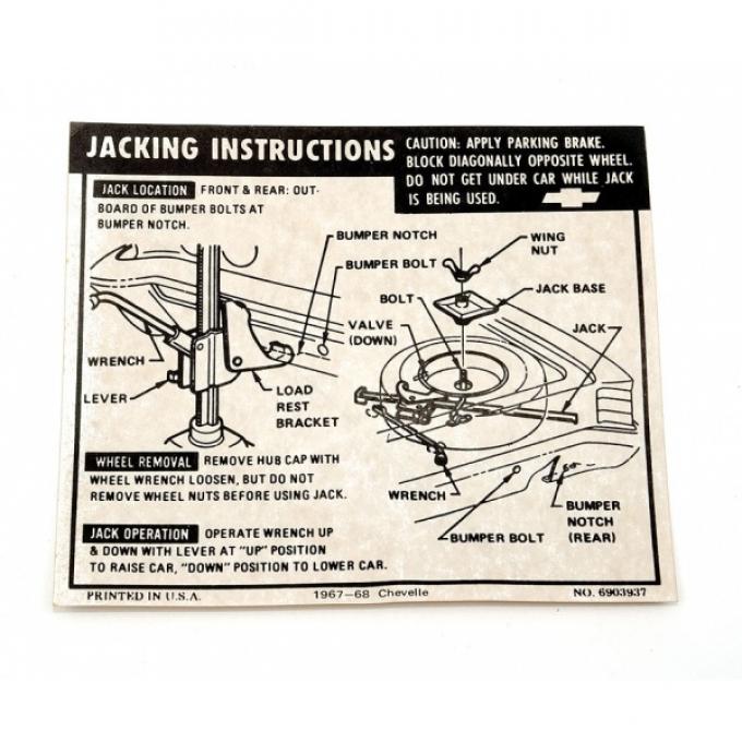 Chevelle Jacking Instructions Decal, 1967-1968