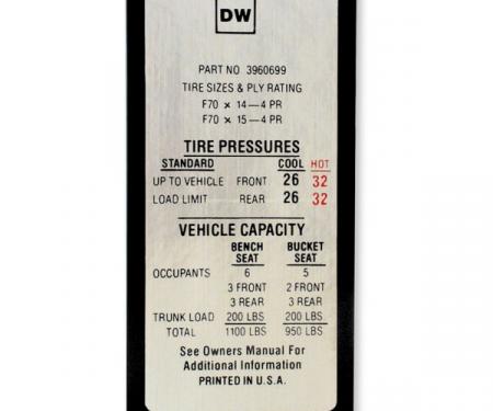 Chevelle Decal, Tire Pressure, Super Sport (SS), 1969-1970