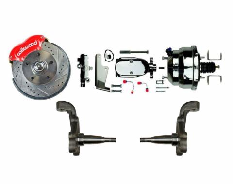 Right Stuff Power Front Stock Height Disc Brake Conversion Kit with Red Wilwood Dual Piston Calipers, standard finish 9" Brake Booster & Master Cylinder, Drilled & Slotted Rotors, Stainless Hoses & more for 64-72 GM A-Body, 67-69 F-Body and 68-74 Nova AFXDC32Z