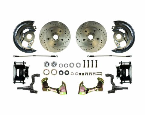 Right Stuff Stock Height Front Wheel Kit with Show 'N Go Upgrade featuring Spindles, Drilled & Slotted Rotors, Black Powder Coated Calipers, Stainless Hoses, Backing Plates, Caliper Brackets and more for 64-72 GM A-Body. AFXWK01CS