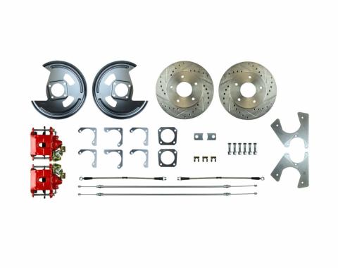 Right Stuff Rear Disc Brake Conversion Kit with Drilled & Slotted Rotors, Red Powder-Coated Calipers, Stainless Hoses, E-Brake Cables & more for 64-77 GM A-body, 67 F-Body and 68-79 Nova with Non-Staggered Shocks. AFXRD01Z