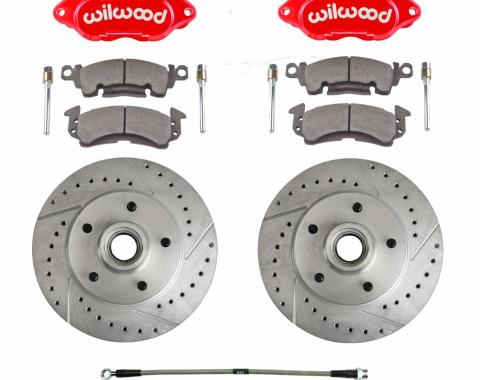 Right Stuff Performance Series Replacement Brake Kit with Red Wilwood Dual Piston Calipers, Drilled & Slotted Rotors and Stainless Hoses for 69-72 GM A-body, 69 F-Body and 69-74 Nova. RCP70Z