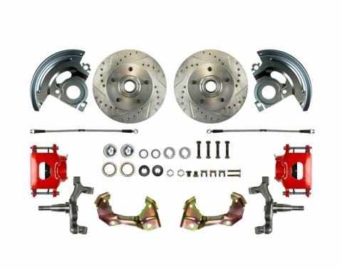 Right Stuff 2" Drop Front Wheel Kit with Spindles, Drilled & Slotted Rotors, Black Powder Coated Calipers, Stainless Hoses, Backing Plates & Caliper Brackets for 64-72 GM A-Body. AFXWK01DS