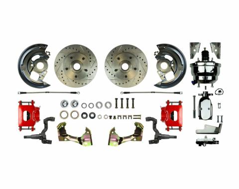 Right Stuff Power Front Stock Height Disc Brake Conversion Kit with a Chrome 8" Dual Brake Booster and Master Cylinder & Valve, Drilled and Slotted rotors, Red Powder Coated Calipers and Stainless Hoses for 67-72 GM A-body. AFXDC06CZX
