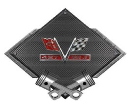 Chevrolet 427 Turbo Jet Metal Sign, Black Carbon Fiber, Crossed Pistons, 25 X 19