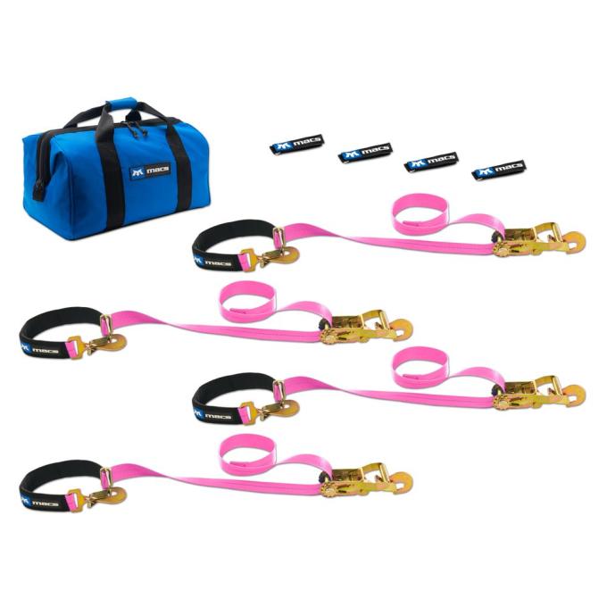 Race Ramps 2 x 6 Super Pack Tie-Down Strap Kit with Integrated Axle Straps, Direct Hook Ends - Pink 519116