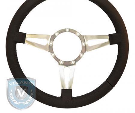 Volante S9 Premium Steering Wheel, Black Leather and Brushed Center, 3 Spoke with Slots