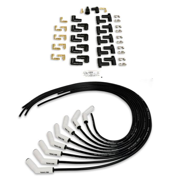 Taylor Cable Universal 8mm Spiro-Pro with White Ceramic Boots Spark Plug Wire Set, 135˚ Spark Plug Boot Angle, Black 75053