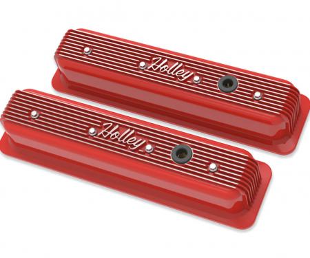 Holley Vintage Finned Valve Cover, "" Script, SBC, Center Bolt, Gloss Red Machined 241-250